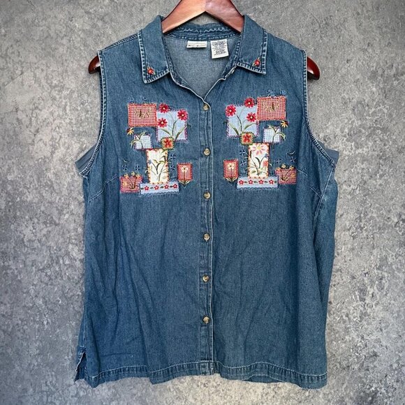 Bobbie Brooks Embroidered Denim Vest, 18W/20W - Picture 1 of 4